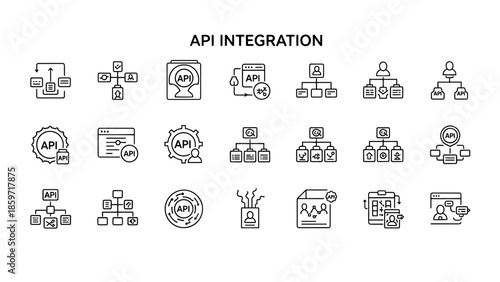 A collection of black-and-white icons illustrating API integration processes and components for digital systems. Includes various network diagrams