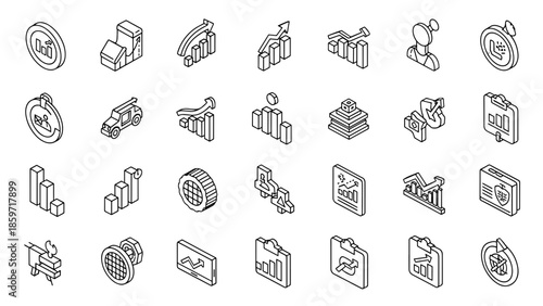 A collection of isometric black and white graphics illustrating charts, diagrams, and business related icons arranged in rows