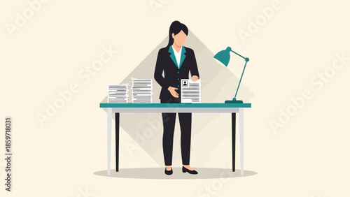 Businesswoman Working Efficiently at Office Desk with Stacks of Documents and Desk Lamp in a