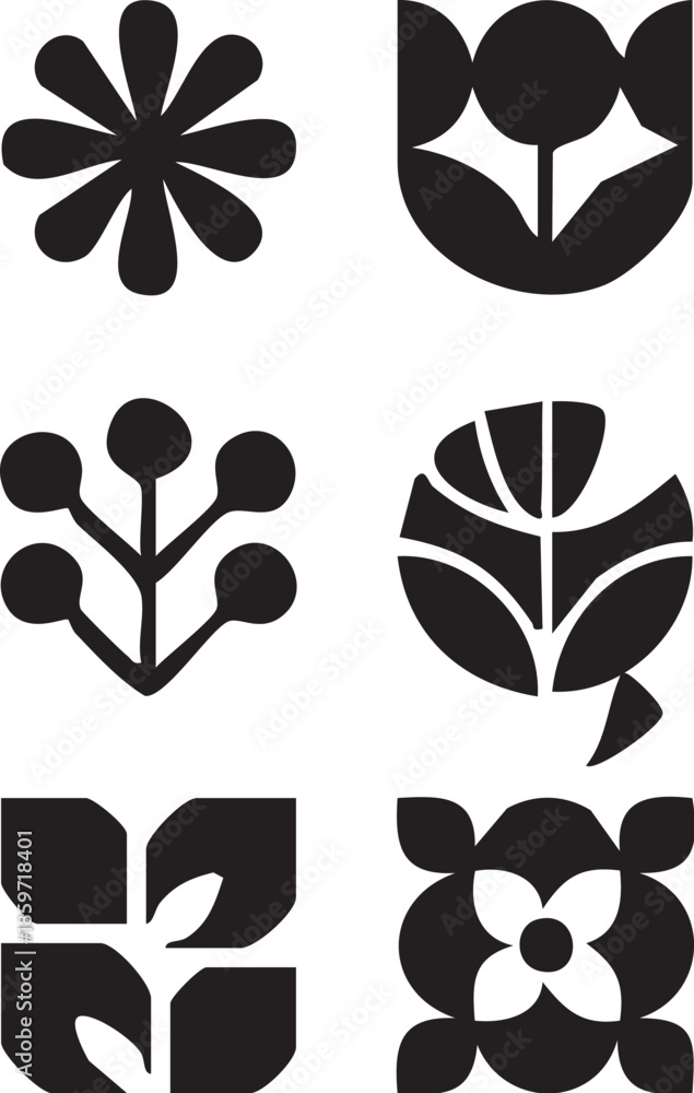 Fototapeta premium Floral Icon Collection, Botanical Symbol Set, Minimal Flower Icons, Abstract Floral Shapes, Decorative Flower Symbols, Nature-Inspired Icon Set, Organic Design Elements, Geometric Floral Icons, Styliz