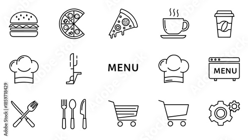 A black and white line art illustration featuring various food and restaurant related icons, including burgers, pizza, coffee and cutlery
