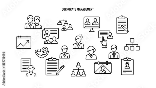 A black and white vector graphic illustrating corporate management concepts with line icons of people, charts, calendars, and organizational structures