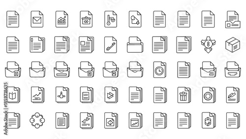 A collection of document icons depicted in a clean, minimal, outline style, showcasing various file types and functions in a grid