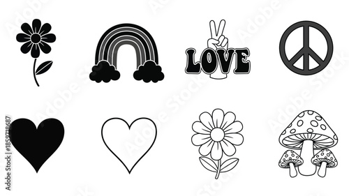 Collection of minimalist black and white symbols flower rainbow peace and hearts