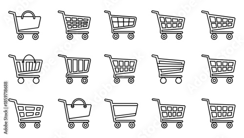 A collection of fifteen outline drawings of shopping carts. The carts have varied designs but are all monochrome. They are on a white background