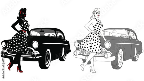 Vintage women and classic cars a retro style illustration in black and white