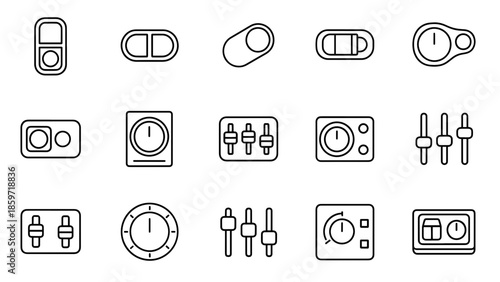 A collection of fifteen black and white, line art icons. The icons depict various control panels, dials, and switches. They vary in shape and style