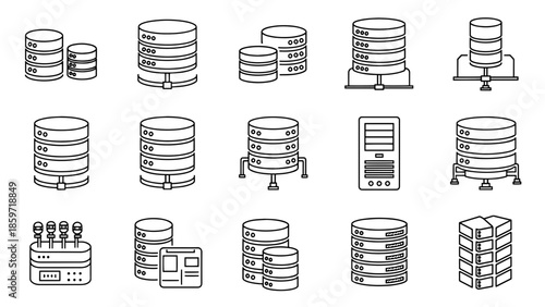 A collection of fifteen black and white, line art illustrations of computer data server icons. Multiple types and layouts are shown