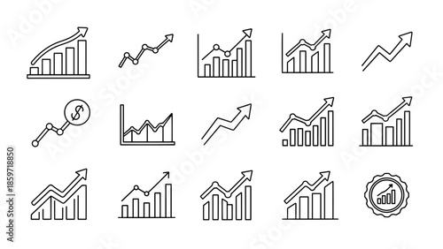 A collection of fifteen black and white, line art icons. The icons depict various ascending bar graphs and line charts, conveying growth