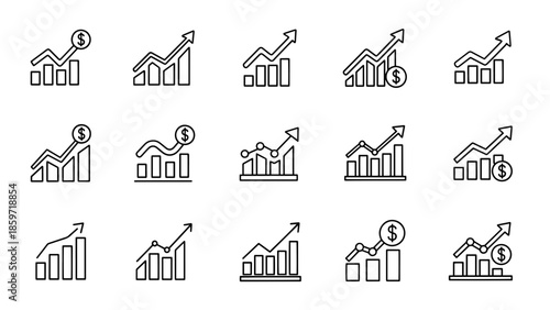 A collection of fifteen black and white line art illustrations of growth charts and financial graphs, with arrows. Some have dollar signs