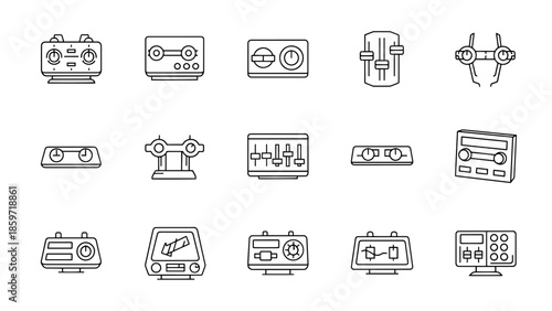 A collection of fifteen black and white line art illustrations of control panels, each showcasing unique button, dials and display configurations
