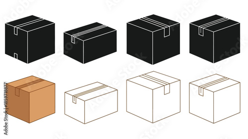 Isometric illustration of various cardboard boxes in different colors and styles