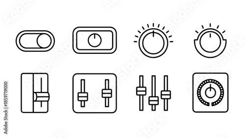 A collection of eight black and white outline illustrations depicting various control devices, including switches and dials