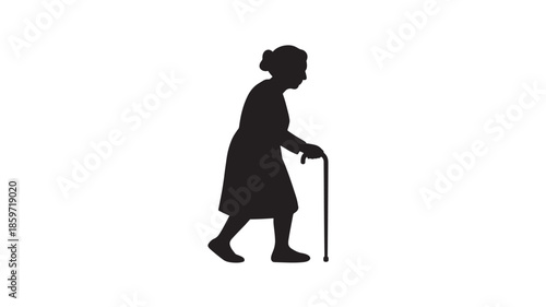 Elderly Woman Walking with Cane in Silhouette against White Background in Simple Illustration for Health Care