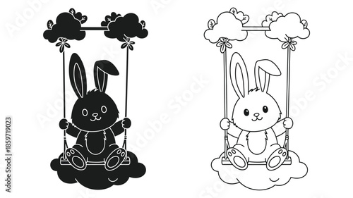 A charming illustration of a rabbit swinging playfully on a cloud swing