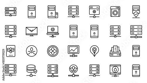 A collection of black and white line art illustrations depicting various technology-related icons, including servers, computers, and other digital elements