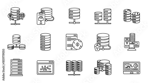 A collection of black and white line icons depicting data storage and analysis concepts. Server icons, graphs, charts, and laptop displays