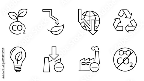 A collection of eight black-and-white minimalist icon designs related to environmental protection and sustainability