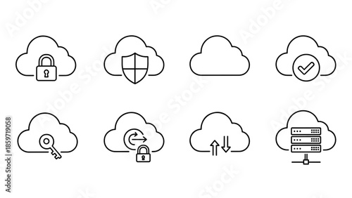 A collection of eight cloud-shaped icons showcasing various concepts. Each cloud features a unique symbol such as a lock, shield, or checkmark