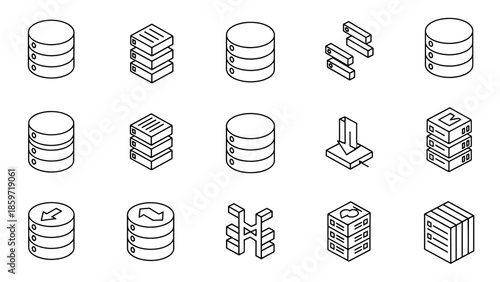 A collection of fifteen black and white, line-drawn icons, depicting computer database elements, servers, and data storage concepts