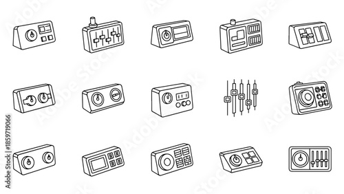 A collection of fifteen black and white, line-drawn illustrations of control panels, each showcasing diverse button, dial, and display configurations