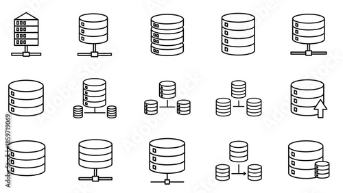A collection of fifteen black and white, line-drawn vector icons depict database servers and data storage elements