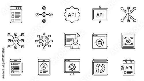 A collection of fifteen black and white, minimalistic icons, each a representation of different user interface elements