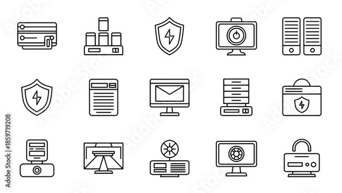 A collection of fifteen black and white, minimalistic line-art icons, depicting technological tools and security measures. The set includes server racks, shields, and screens