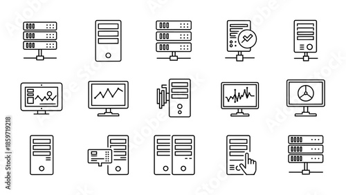 A collection of fifteen black and white outline illustrations. Depicting server racks, computers, and monitors displaying data analysis