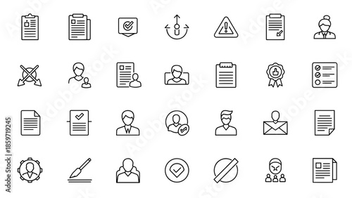 A collection of black and white line icons representing various concepts like documents, checkmarks, people, symbols, and communication tools