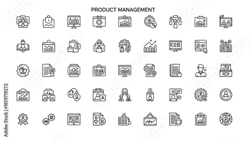 A collection of 49 stylized line icons depicting various aspects of product management, including charts, people, and devices
