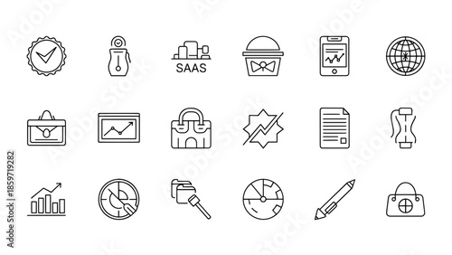 A collection of 18 black and white line icons representing various business-related concepts and symbols
