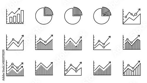 A collection of black and white line-art graphics featuring various charts and graphs, depicting business and financial concepts
