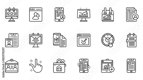 A collection of 18 black and white line icons representing various business and technology-related symbols, including charts and files