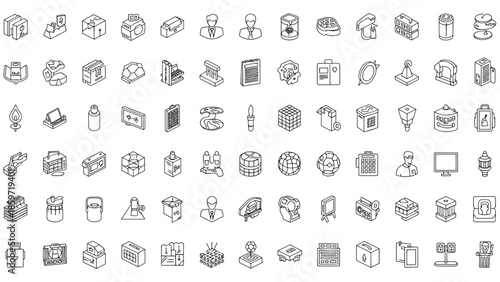 A collection of 2D line art illustrations featuring a variety of objects, depicted in isometric perspective, including boxes, people, and tools