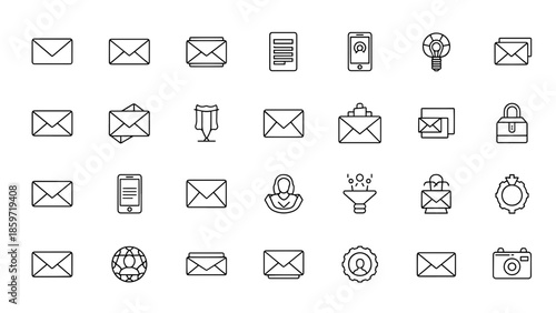 A collection of 2D line art icons, depicting email envelopes, smartphones, mobile devices, and other related imagery. Various related design elements