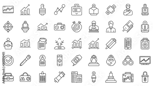 A collection of 49 black and white line-art icons related to various concepts, business, finance, and technology