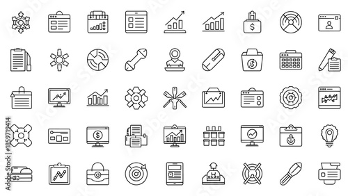 A collection of 49 black and white outlined icons, focusing on business, finance, and office-related objects and concepts