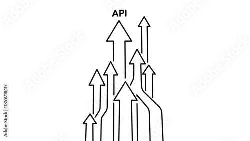 A cluster of arrows, some merging and splitting, pointing upward with one labeled "API" at the top, a visual representation