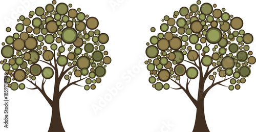 Two Stylized Trees with Circular Green and Brown Foliage on White Background Keywords: tree, trees, stylized, circular, foliage