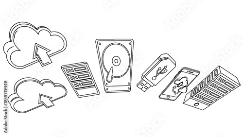 A black-and-white vector illustration depicting data storage devices, cloud symbols, and digital technology concepts. It focuses on the concepts of data transfer