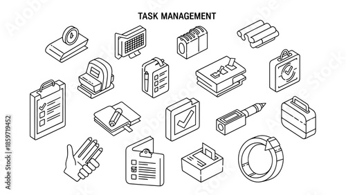 A black and white vector illustration of various task management and office-related items in isometric view on white background