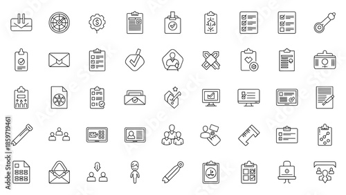 A collection of 49 black outline icons, each depicting a different concept related to business, communication, and management, showcasing a diverse set of symbols