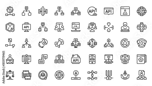 A collection of 49 black outline icons, each representing a distinct graphic element related to digital processes, data flow, and networking