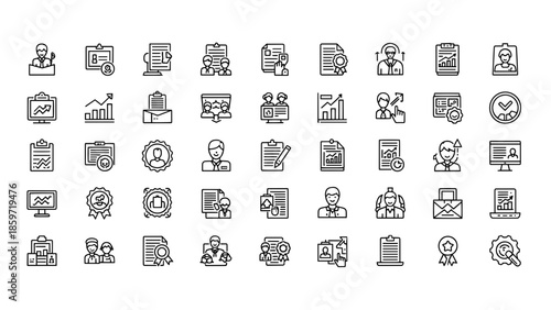 A collection of 49 black outline icons, each representing business and professional topics, including charts, people, and documents