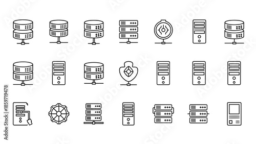 A collection of black and white icons depicting computer hardware components like server racks and mainframes. The icons are minimalistic and outlined