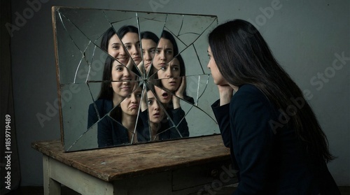 Conceptual portrait of a woman looking at her reflection in a broken mirror showing multiple conflicting emotions