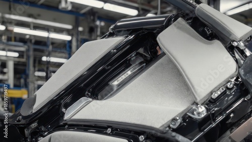 Motorcycle front fairing on an industrial factory assembly line.