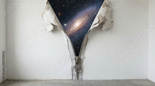 Surreal concept of a large metal zipper opening on a plain white wall to reveal a glowing galaxy and stars
