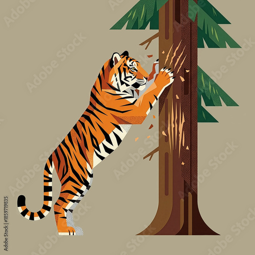 A tiger sharpens its claws on a spruce tree trunk